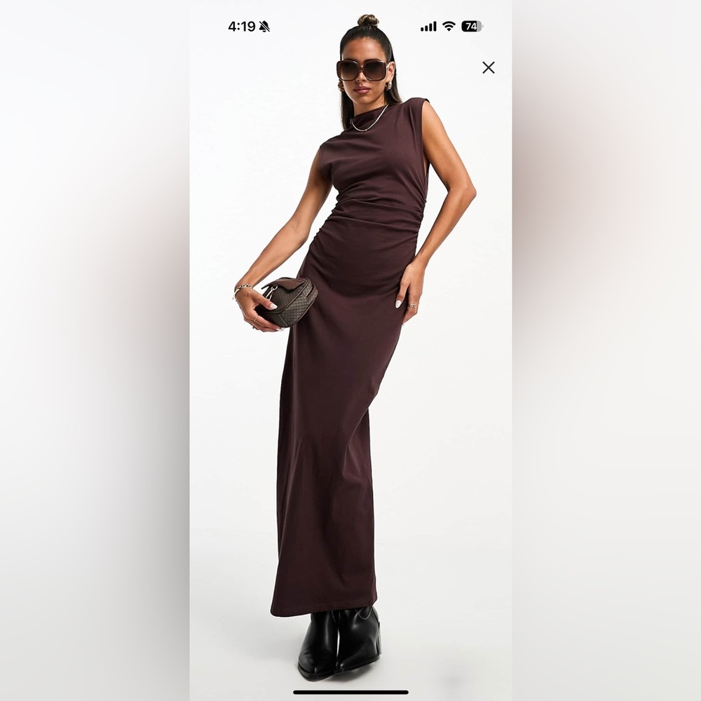 ASOS bodycon ruched mock neck chocolate Brown Maxi Dress